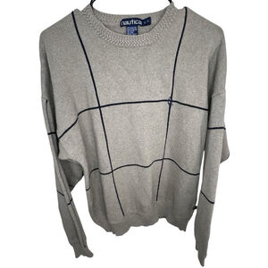 Nautica Vintage Grey Windowpane Striped Crewneck Cotton Sweater